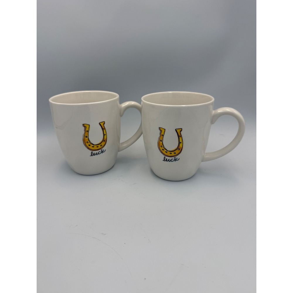 Pier 1 Imports Horseshoe Luck Coffee Mugs Set of 2 White Stoneware Cups
